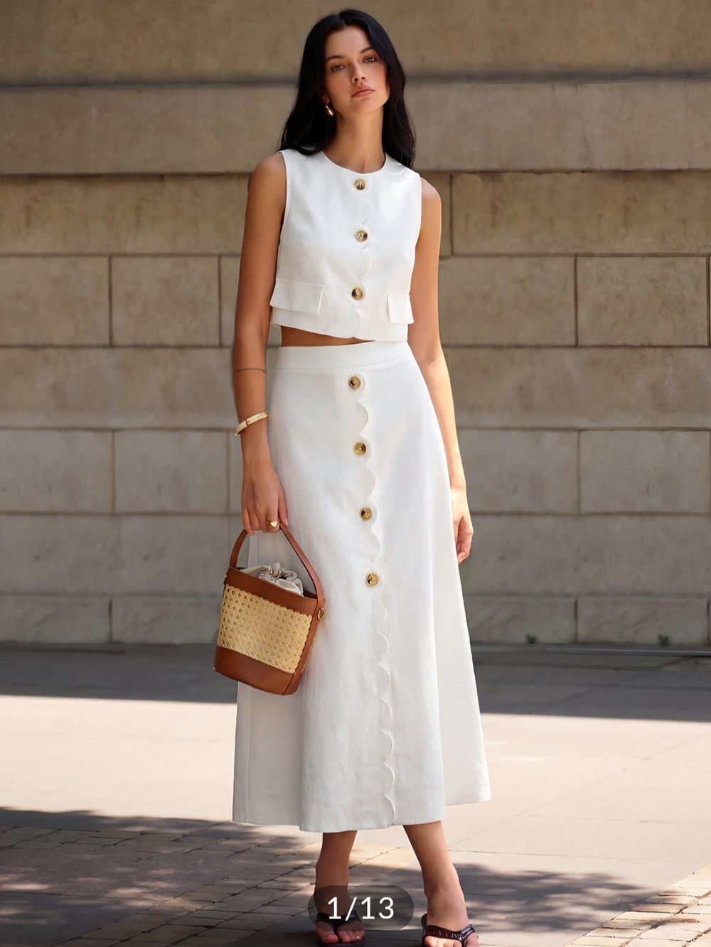 Cotton Linen Scallop Trim Vest & Skirt Set